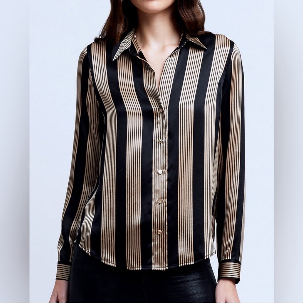 L'AGENCE Black and Gold Striped Blouse